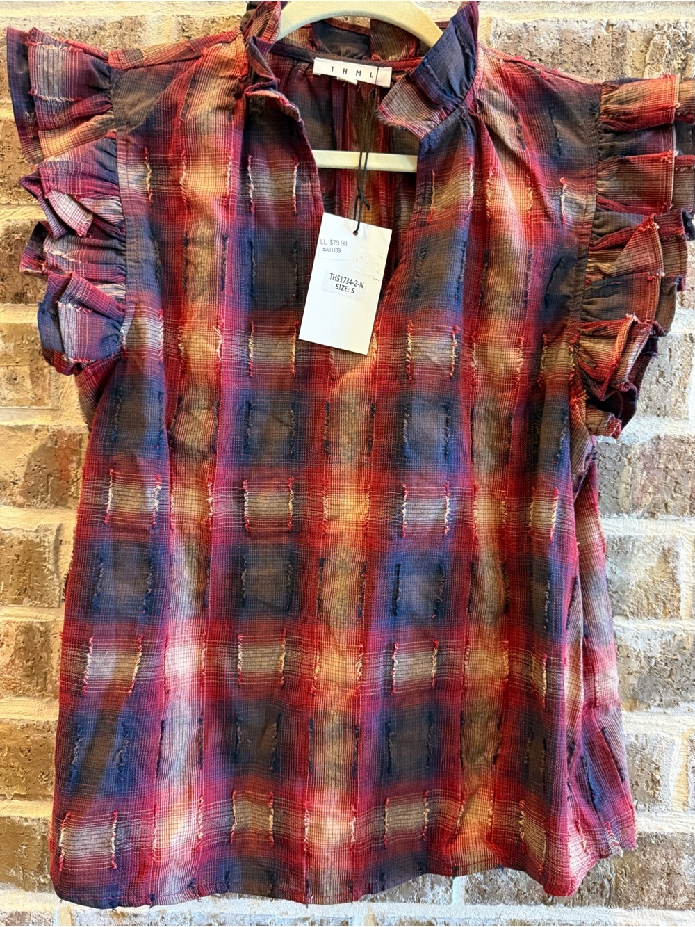 THML Red and Blue Plaid Ruffle Sleeve Blouse